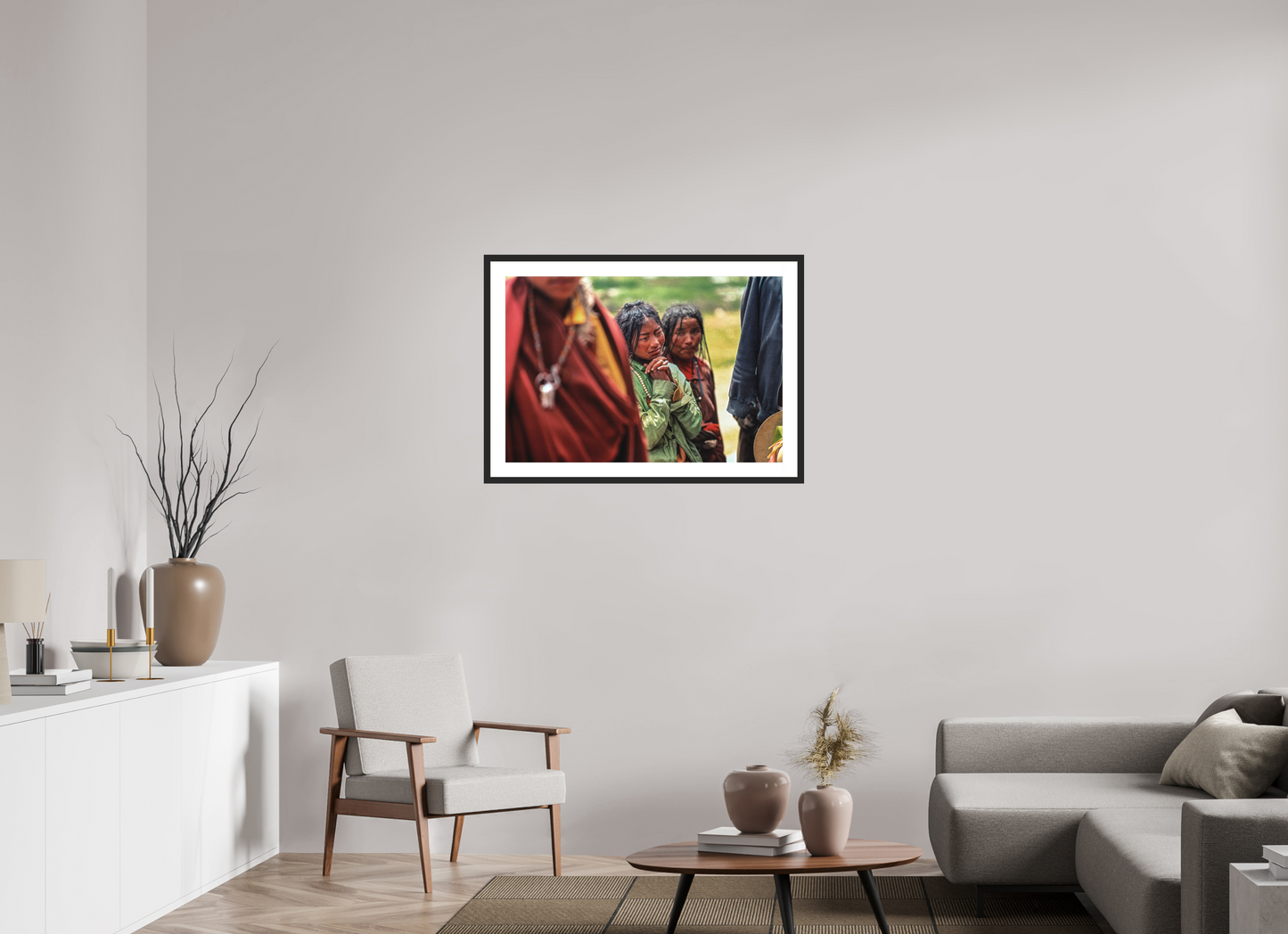 35.6 x 24″, Solid 0.8" Black Wood Frame With 2" Natural White Passe-Partout with Museum Glass Tibetan Girl in Green Jacket
