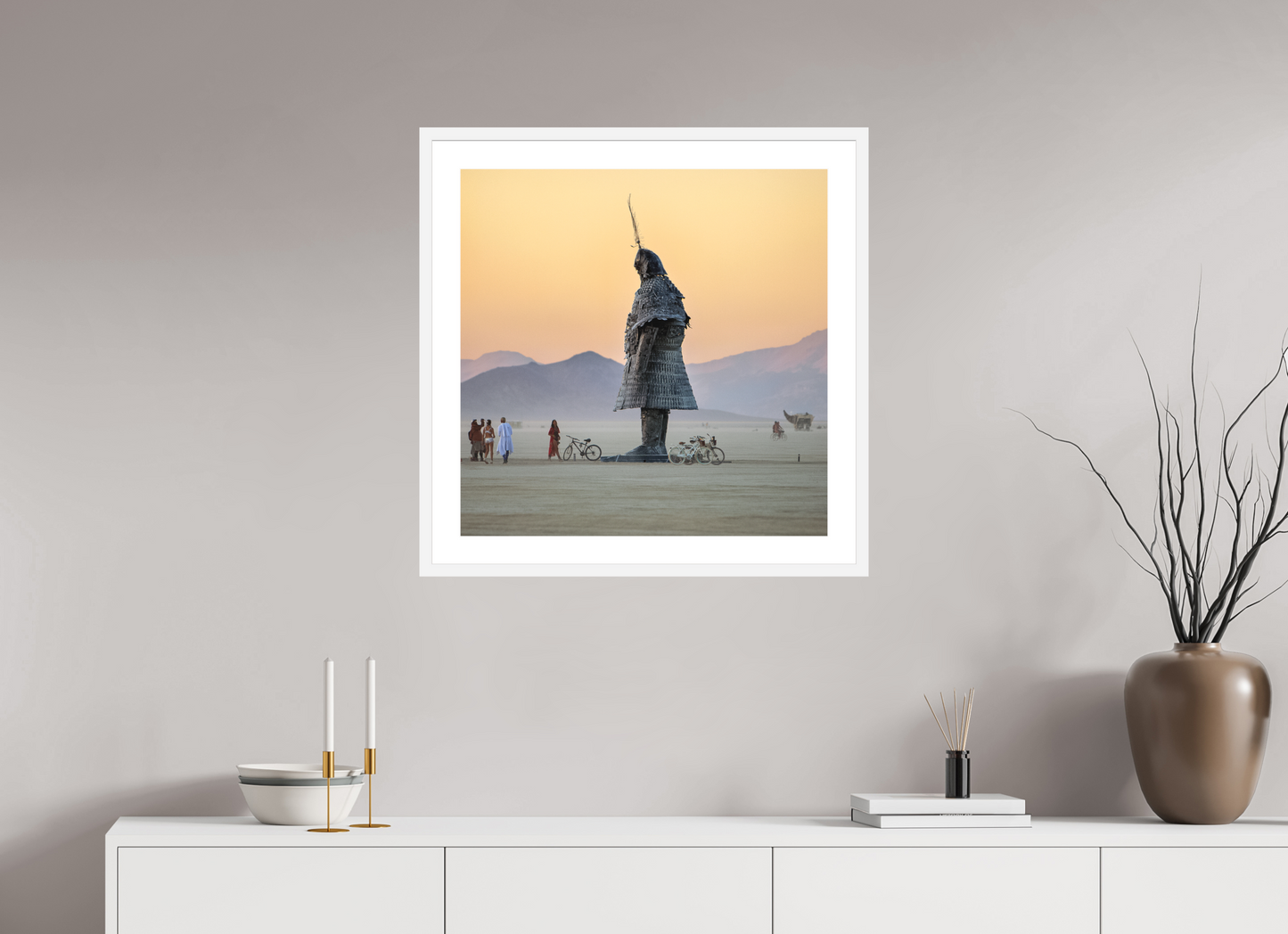 25 x 25″, Solid 0.8" White Wood Frame With 2" Natural White Passe-Partout with Museum Glass Burning Man - The Samurai with Admirer (square format)
