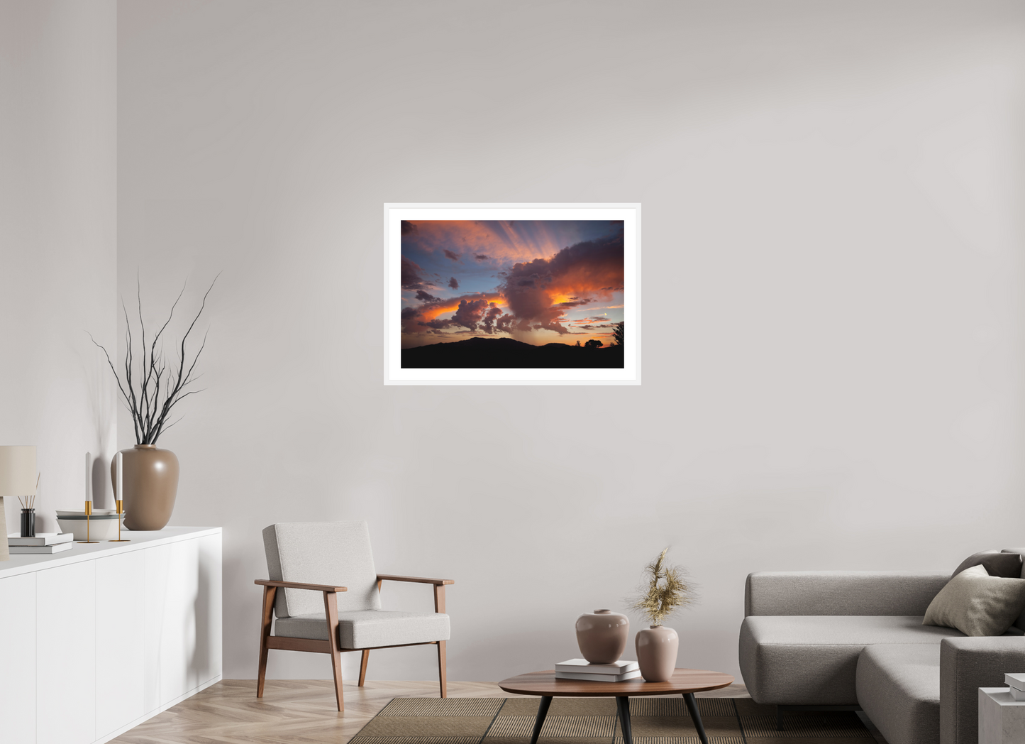 36 x 24″, Solid 0.8" White Wood Frame With 2" Natural White Passe-Partout with Museum Glass Sunset with Clouds