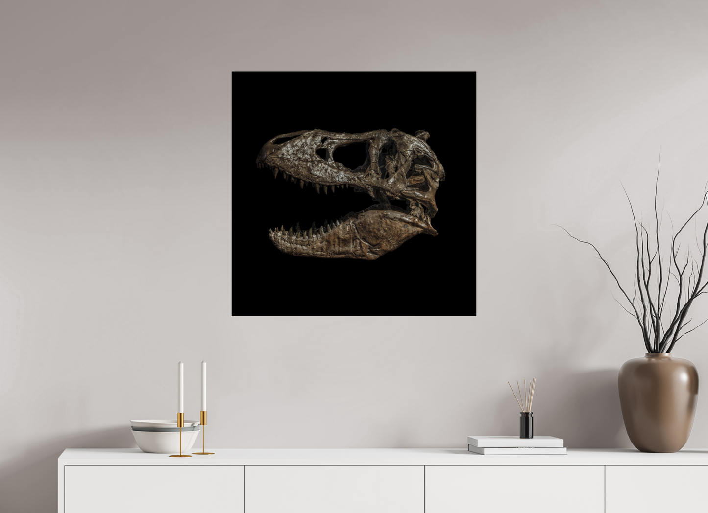 30 x 30″, Frameless Acrylic Glass T-Rex Skull