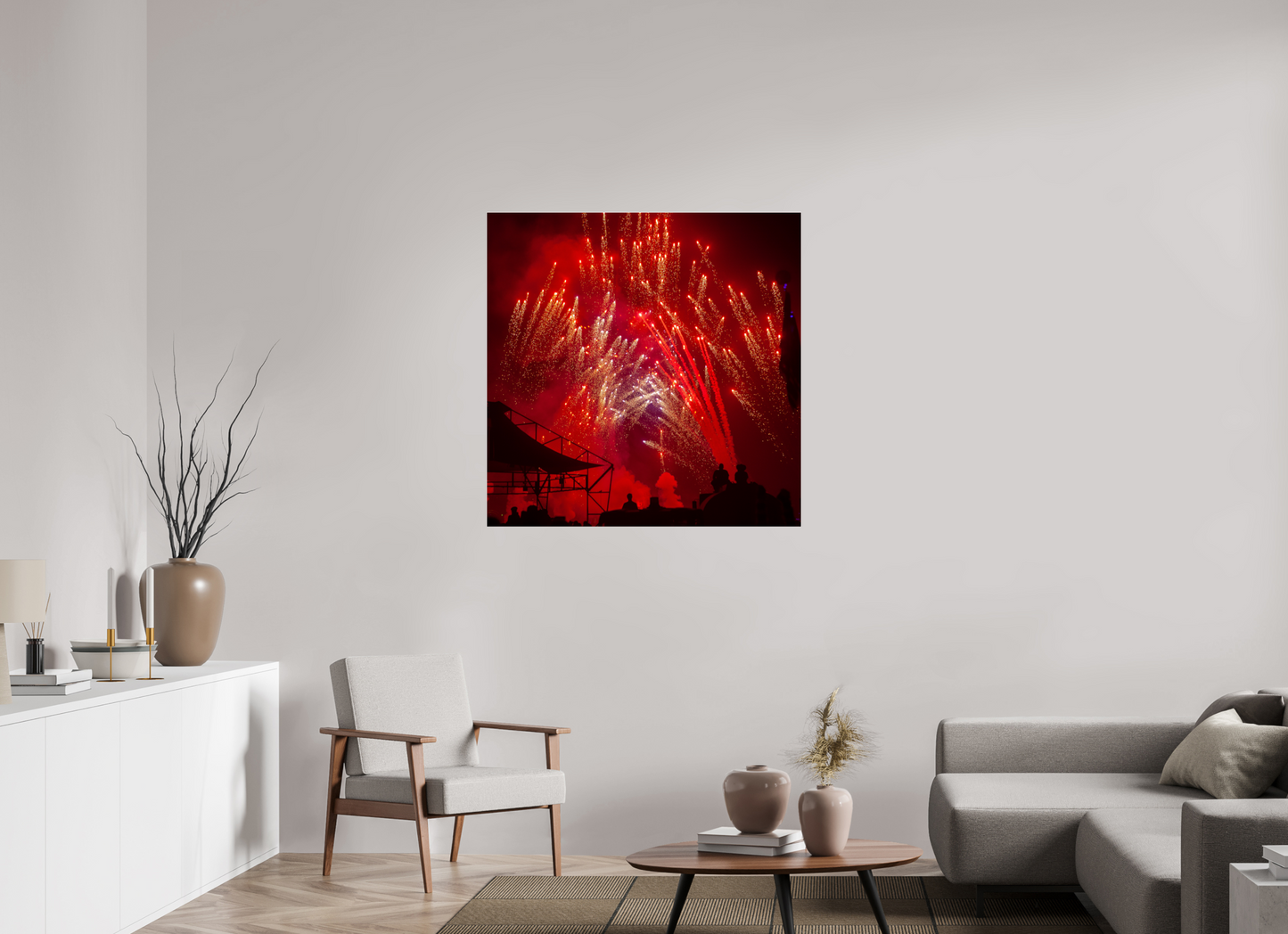 40 x 40″, Frameless Acrylic Glass Burning Man - Red Fireworks