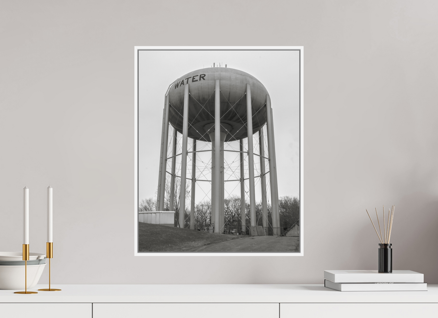 16 x 20″, White Matte Frame, No Border Grey Water Tower