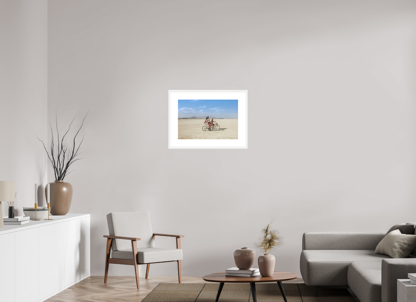 24 x 16″, Solid 0.8" White Wood Frame With 3" Natural White Passe-Partout with Museum Glass Burning Man - Two with Bikes and USA Flag