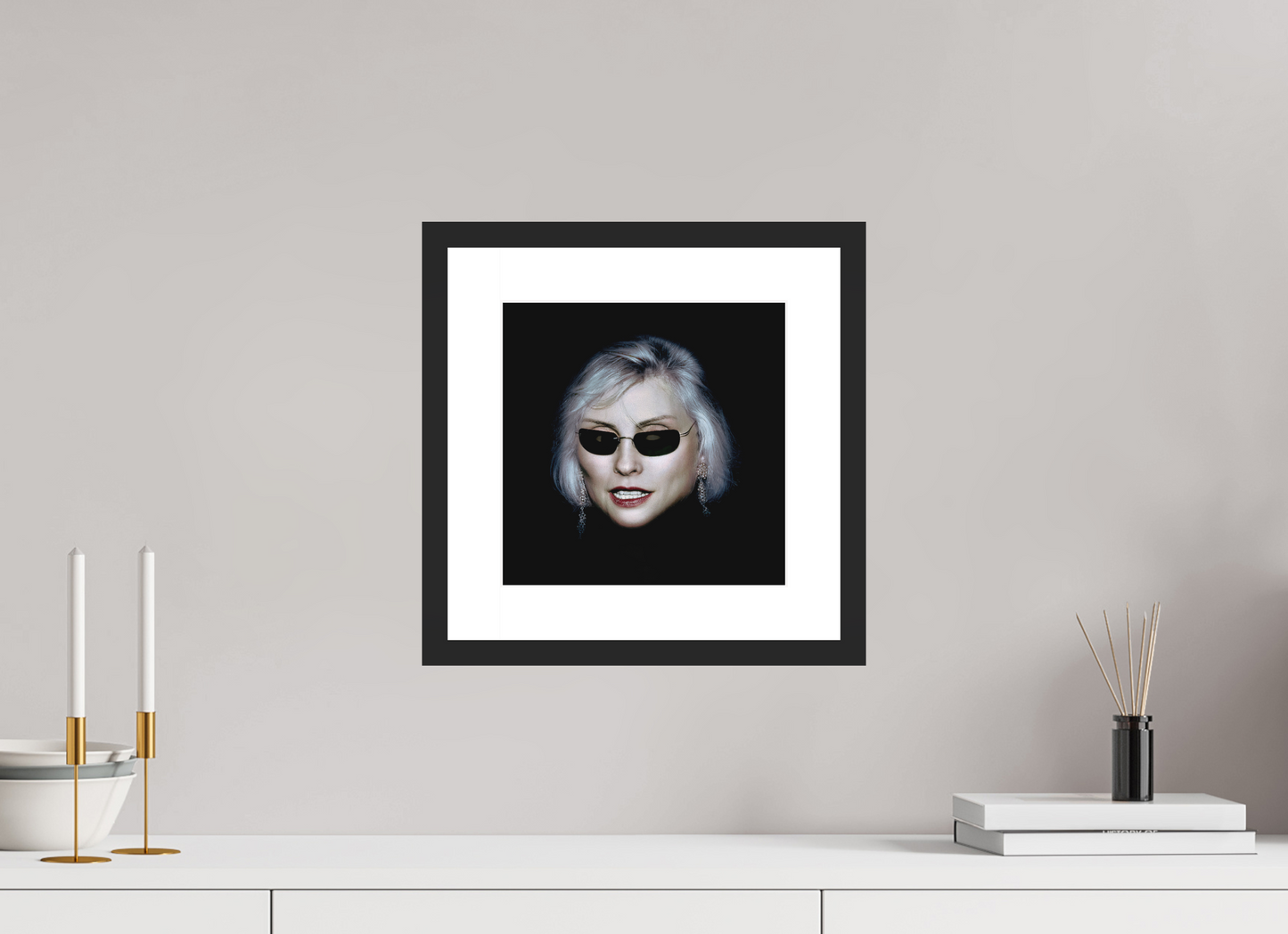 10 x 10″, Solid 0.8" Black Wood Frame With 2" Natural White Passe-Partout with Museum Glass Debbie Harry Wearing Glasses