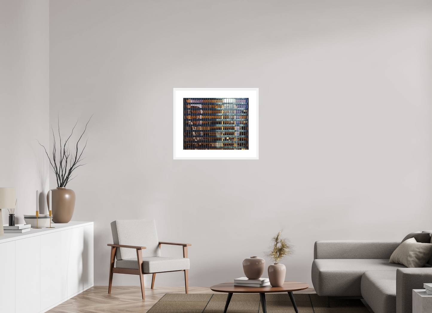 25.2 x 20″, Solid 0.8" White Wood Frame With 3" Natural White Passe-Partout with Museum Glass Seagram Building