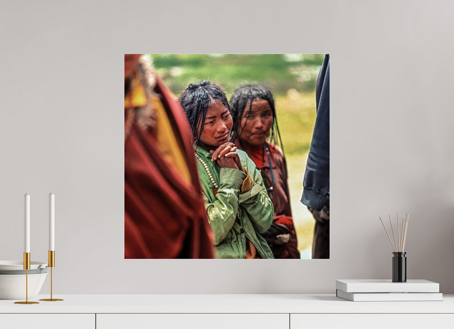 20 x 20″, Frameless Acrylic Glass Tibetan Girl in Green Jacket