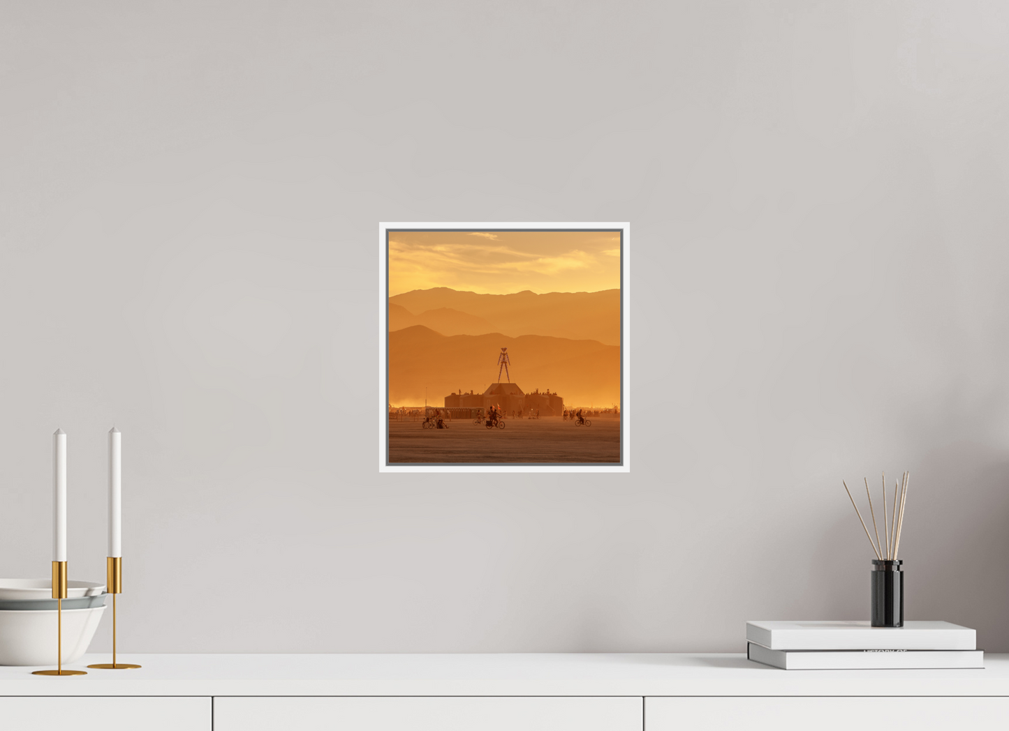 10 x 10″, White Matte Frame, No Border Burning Man with Mountains