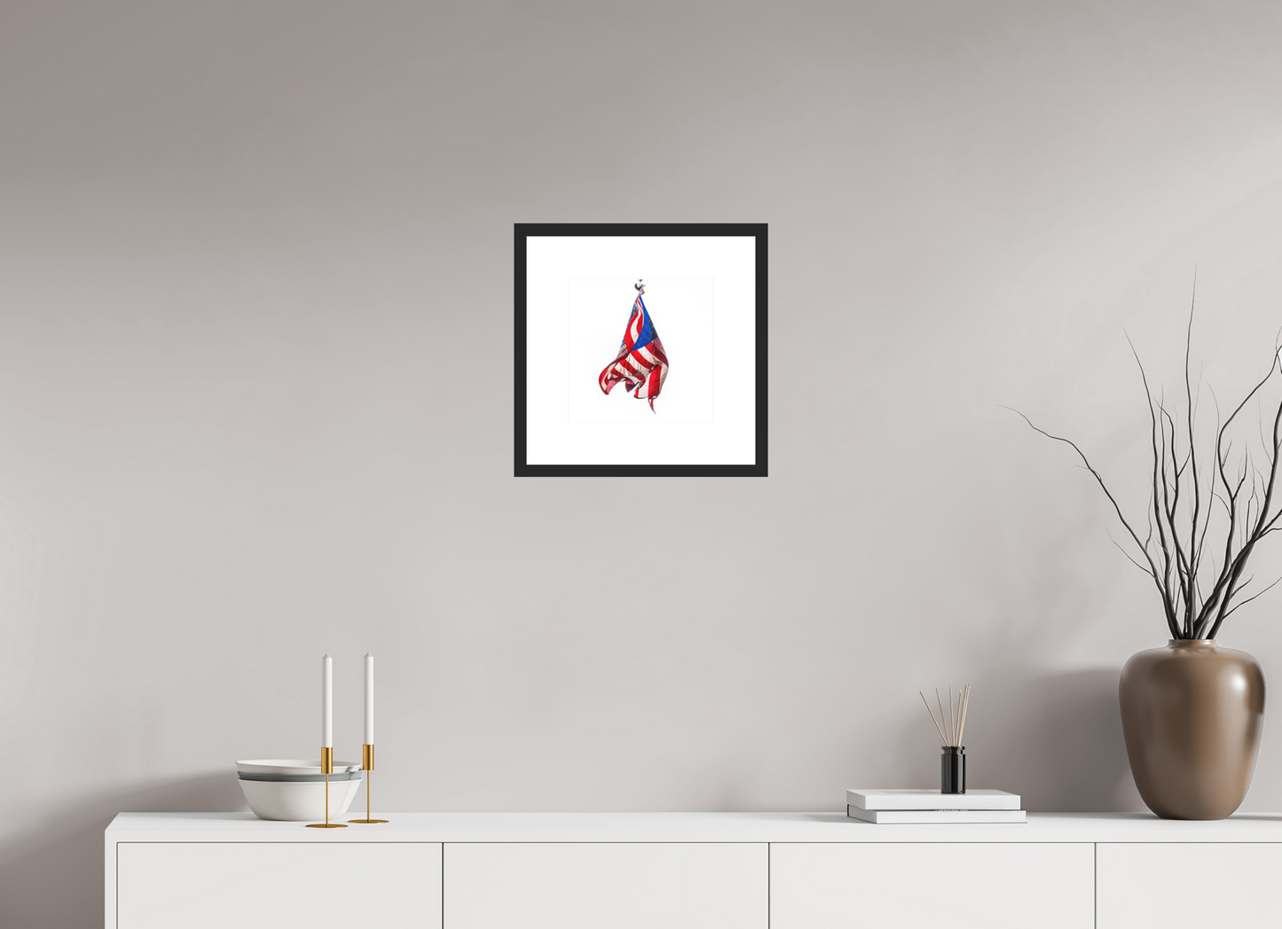 10 x 10″, Solid 0.8" Black Wood Frame With 3" Natural White Passe-Partout with Museum Glass Crumpled USA Flag