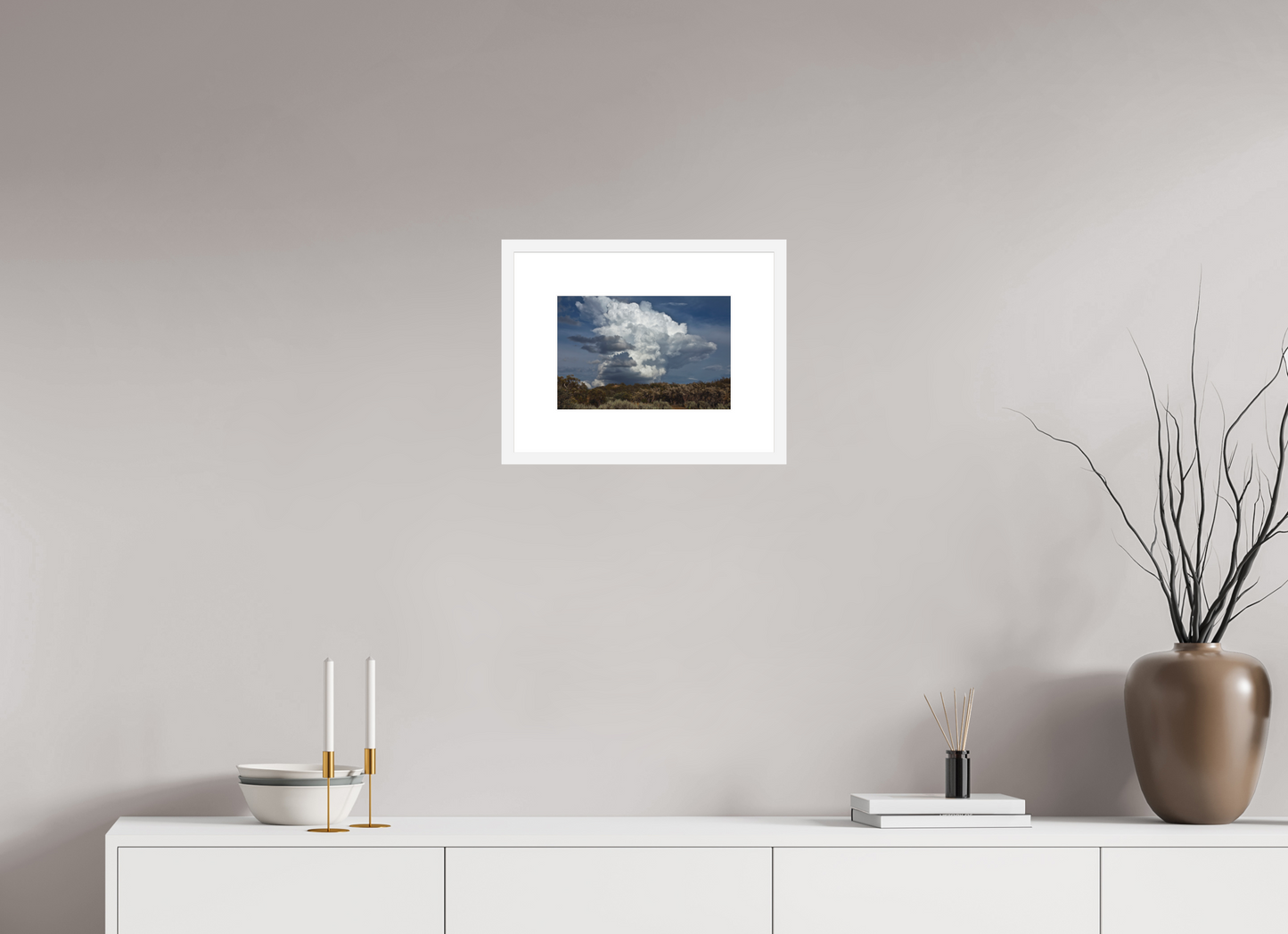 12 x 8″, Solid 0.8" White Wood Frame With 3" Natural White Passe-Partout with Museum Glass Billowing Clouds