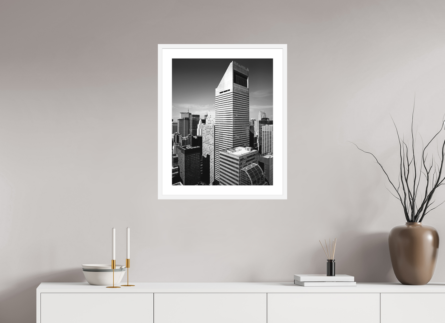 20 x 25″, Solid 0.8" White Wood Frame With 2" Natural White Passe-Partout with Museum Glass Citigroup Tower