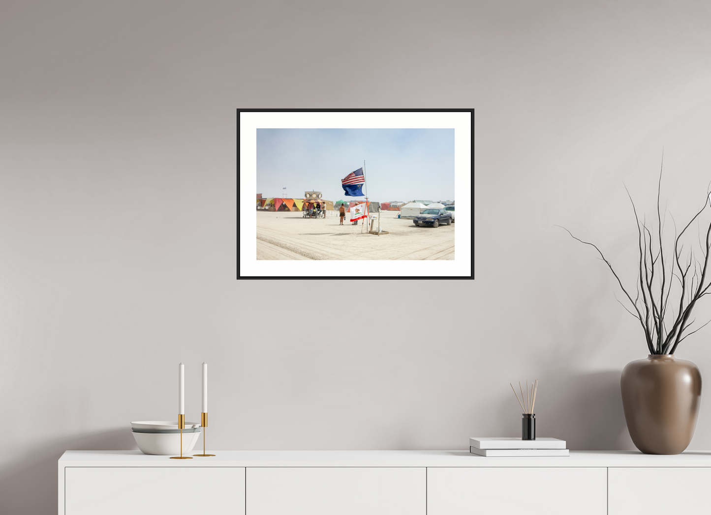 24 x 16″, Black Matte Frame Burning Man - Two Flags