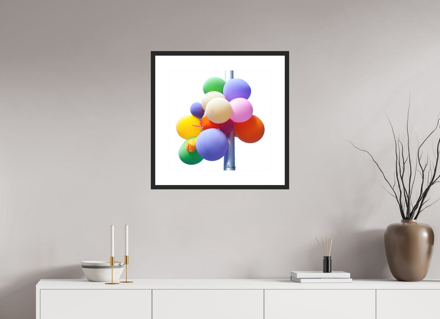 20 x 20″, Solid 0.8" Black Wood Frame With 3" Natural White Passe-Partout with Museum Glass Colorful Ballons Tied to a Lamp Post
