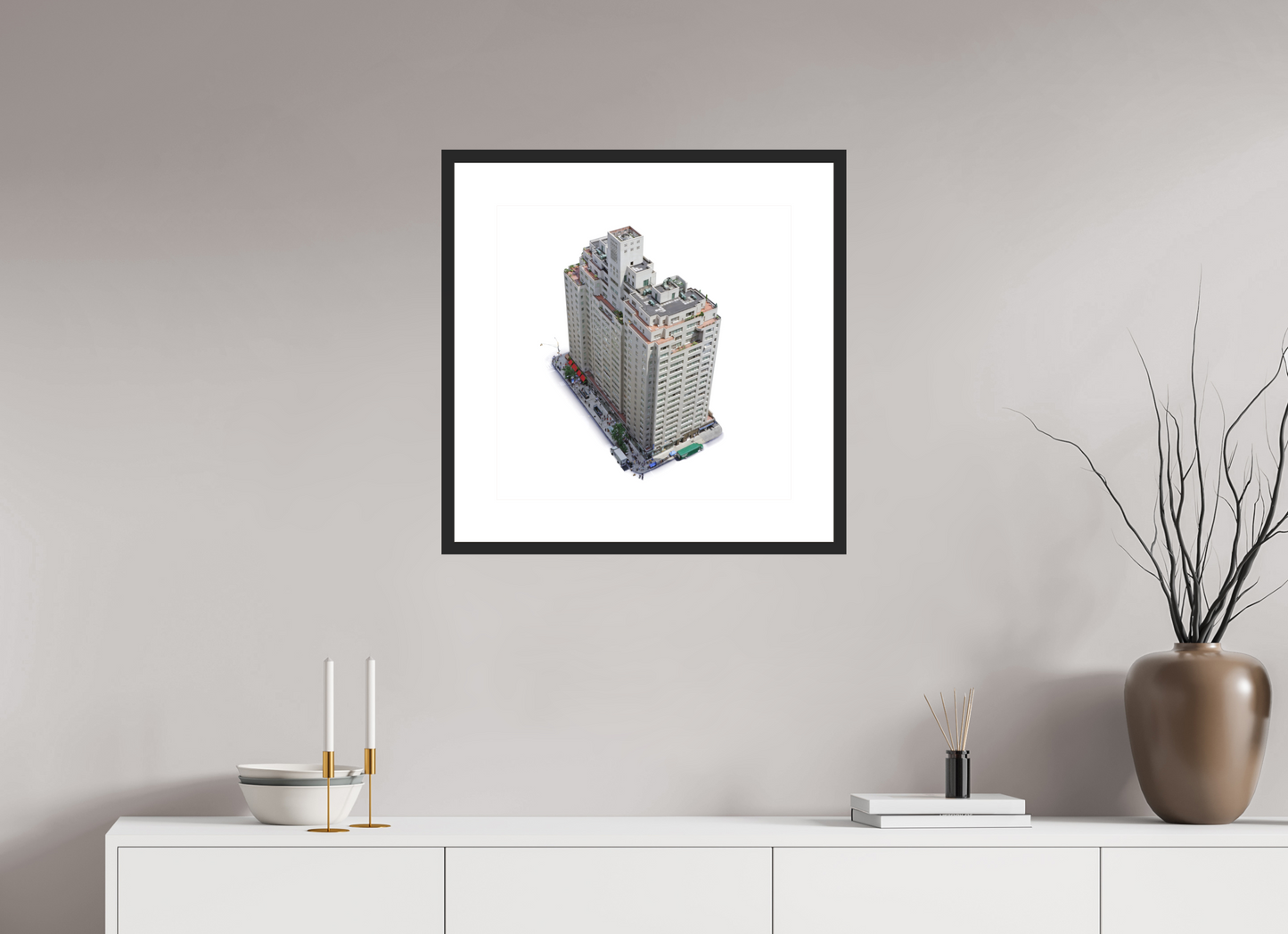 20 x 20″, Solid 0.8" Black Wood Frame With 3" Natural White Passe-Partout with Museum Glass New York City Apartment  Building