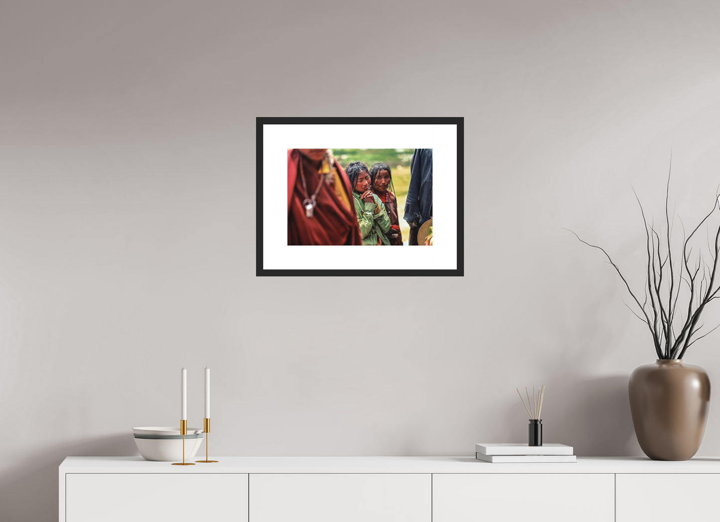 17.8 x 12″, Solid 0.8" Black Wood Frame With 3" Natural White Passe-Partout with Museum Glass Tibetan Girl in Green Jacket