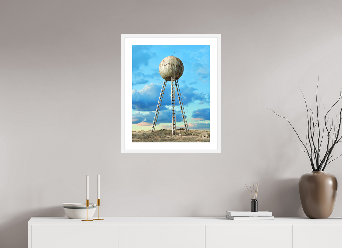20 x 25″, Solid 0.8" White Wood Frame With 2" Natural White Passe-Partout with Museum Glass Spherical Water Tower - Mexico