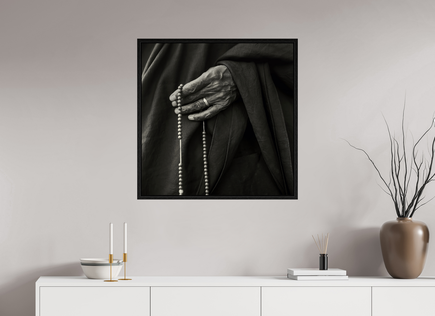 30 x 30″, Floater Frame Tibetan Monk Hand with Prayer Beads