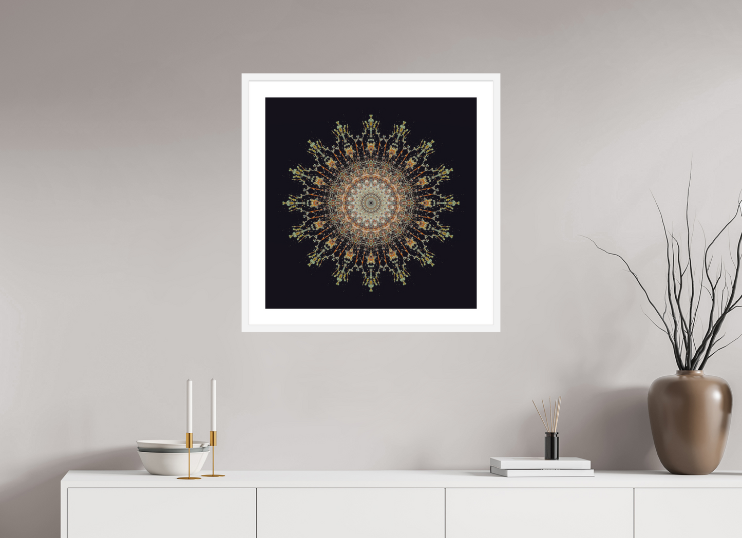 25 x 25″, Solid 0.8" White Wood Frame With 2" Natural White Passe-Partout with Museum Glass Water Mandala No. 4092