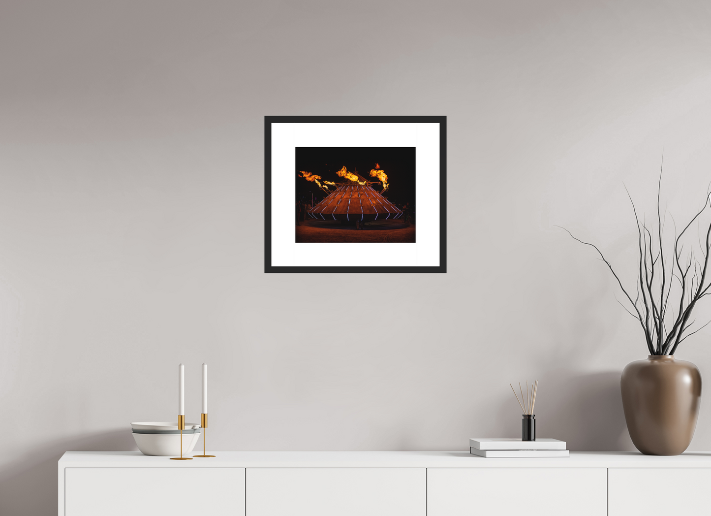 15 x 12″, Solid 0.8" Black Wood Frame With 3" Natural White Passe-Partout with Museum Glass Burning Man - Da Vinci Tank with Flames