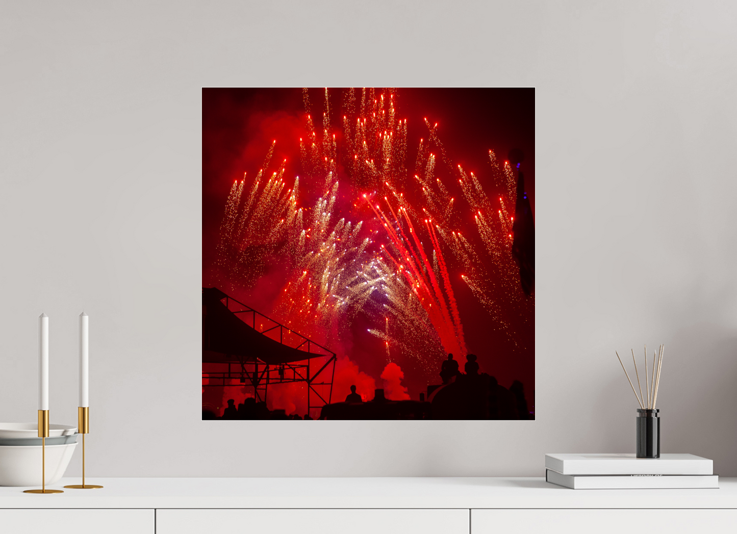 20 x 20″, Frameless Acrylic Glass Burning Man - Red Fireworks