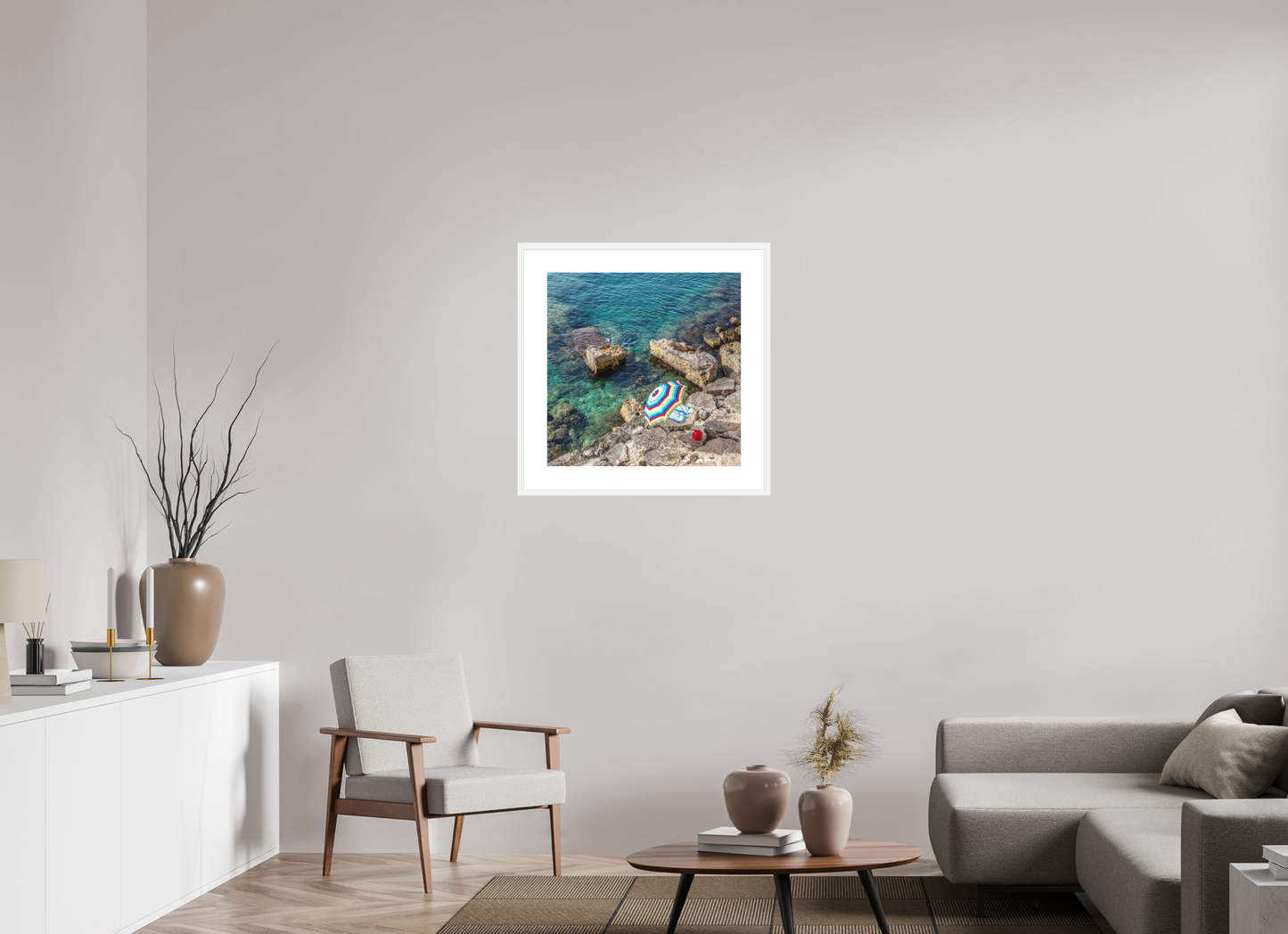 25 x 25″, Solid 0.8" White Wood Frame With 3" Natural White Passe-Partout with Museum Glass Monopoli Beach