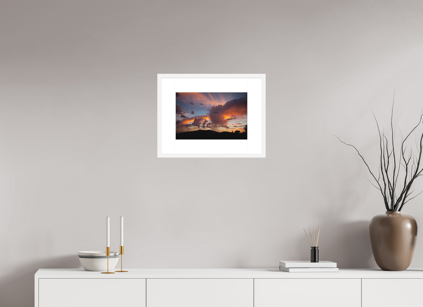 15 x 10″, Solid 0.8" White Wood Frame With 3" Natural White Passe-Partout with Museum Glass Sunset with Clouds