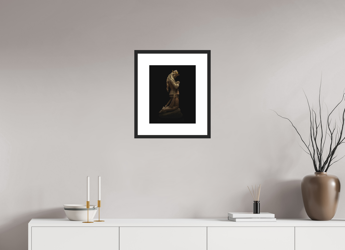 12 x 15″, Solid 0.8" Black Wood Frame With 3" Natural White Passe-Partout with Museum Glass Joan of Arc Statue