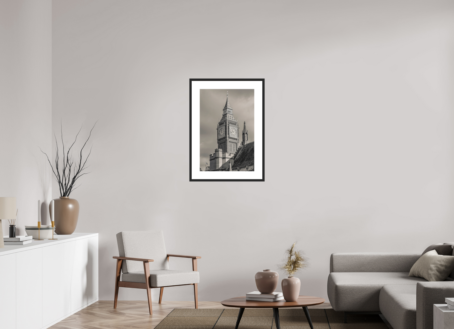 20 x 30″, Solid 0.8" Black Wood Frame With 3" Natural White Passe-Partout with Museum Glass Big Ben