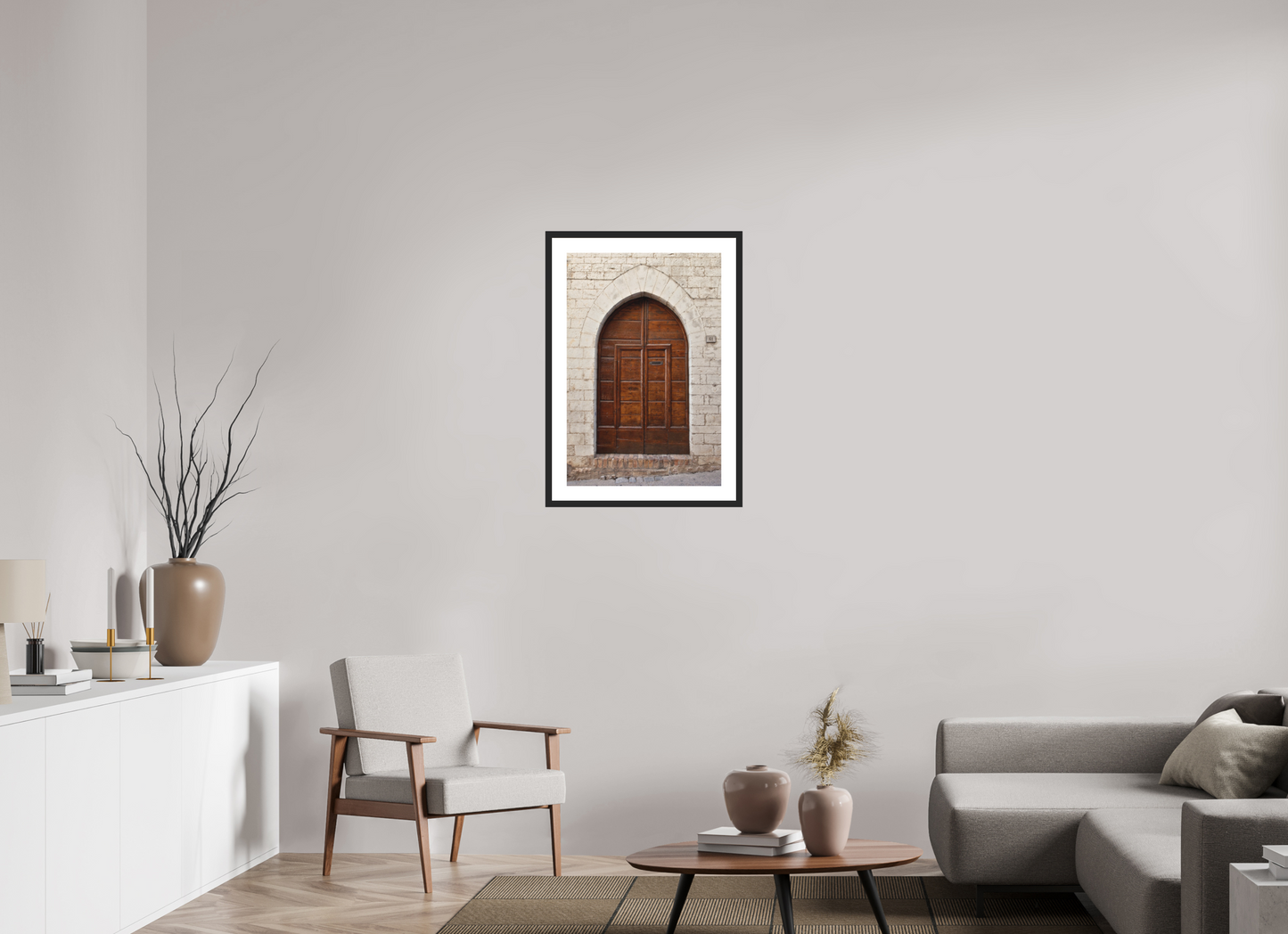 20 x 30″, Solid 0.8" Black Wood Frame With 2" Natural White Passe-Partout with Museum Glass Umbrian Door