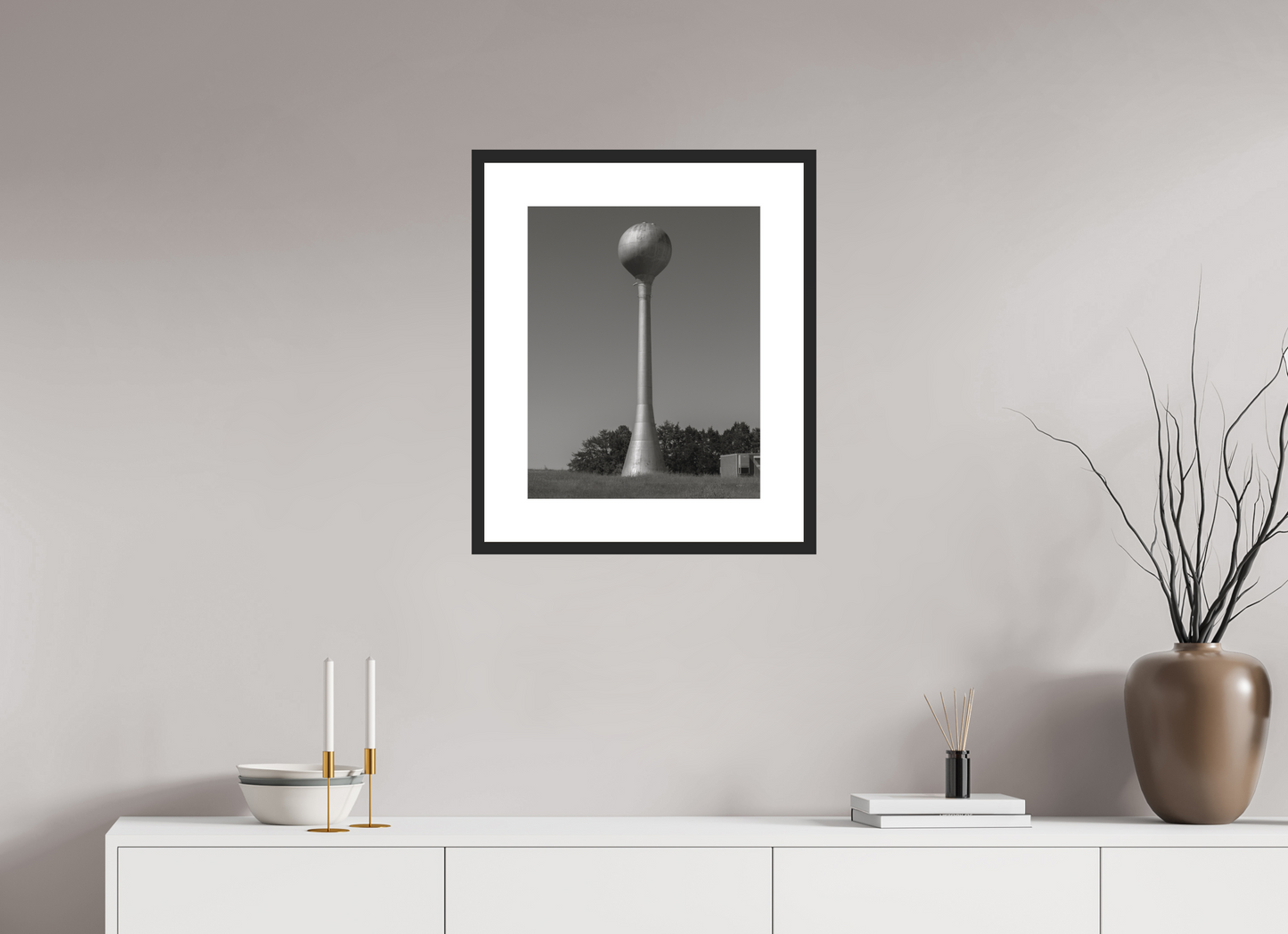 16 x 20″, Solid 0.8" Black Wood Frame With 3" Natural White Passe-Partout with Museum Glass Kansas Water Tower
