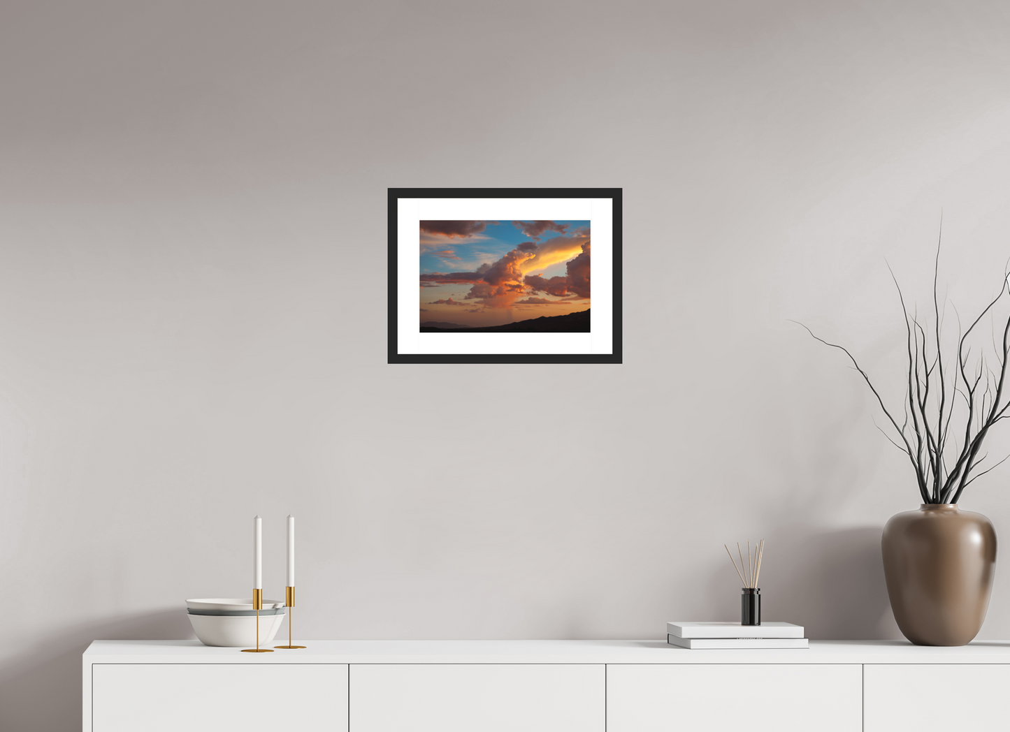 15 x 10″, Solid 0.8" Black Wood Frame With 2" Natural White Passe-Partout with Museum Glass Sunset Clouds and Mountains