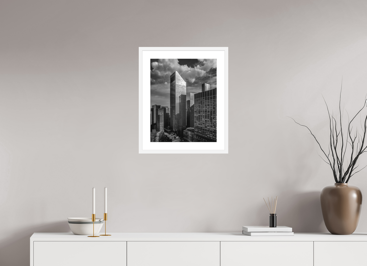 16 x 20″, Solid 0.8" White Wood Frame With 2" Natural White Passe-Partout with Museum Glass Citicorp Tower