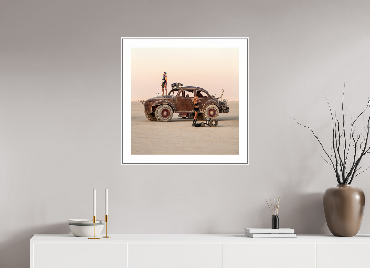 25 x 25″, White Matte Frame Burning Man - Art Car Large VW