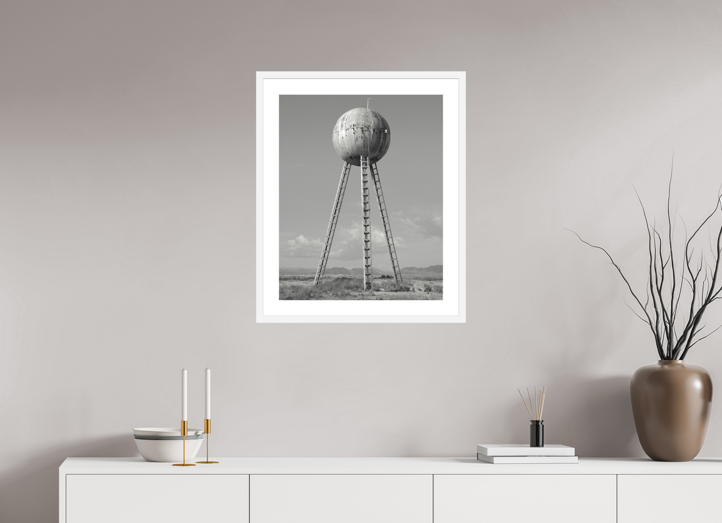 20 x 25″, Solid 0.8" White Wood Frame With 2" Natural White Passe-Partout with Museum Glass Spherical Water Tower