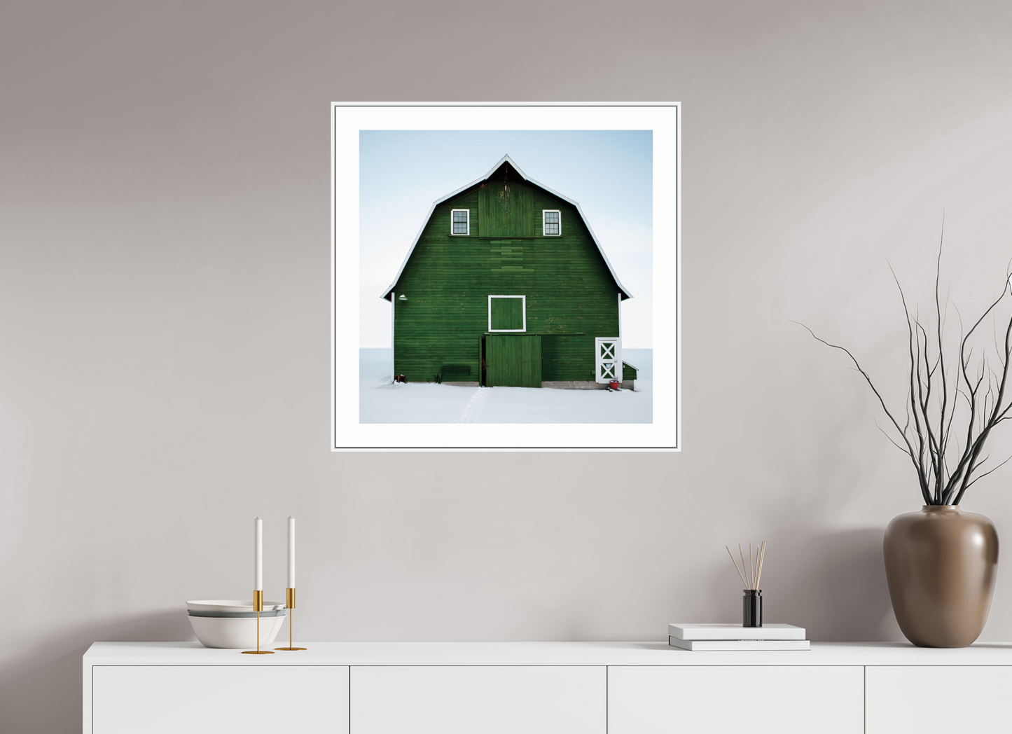 25 x 25″, White Matte Frame Green Barn