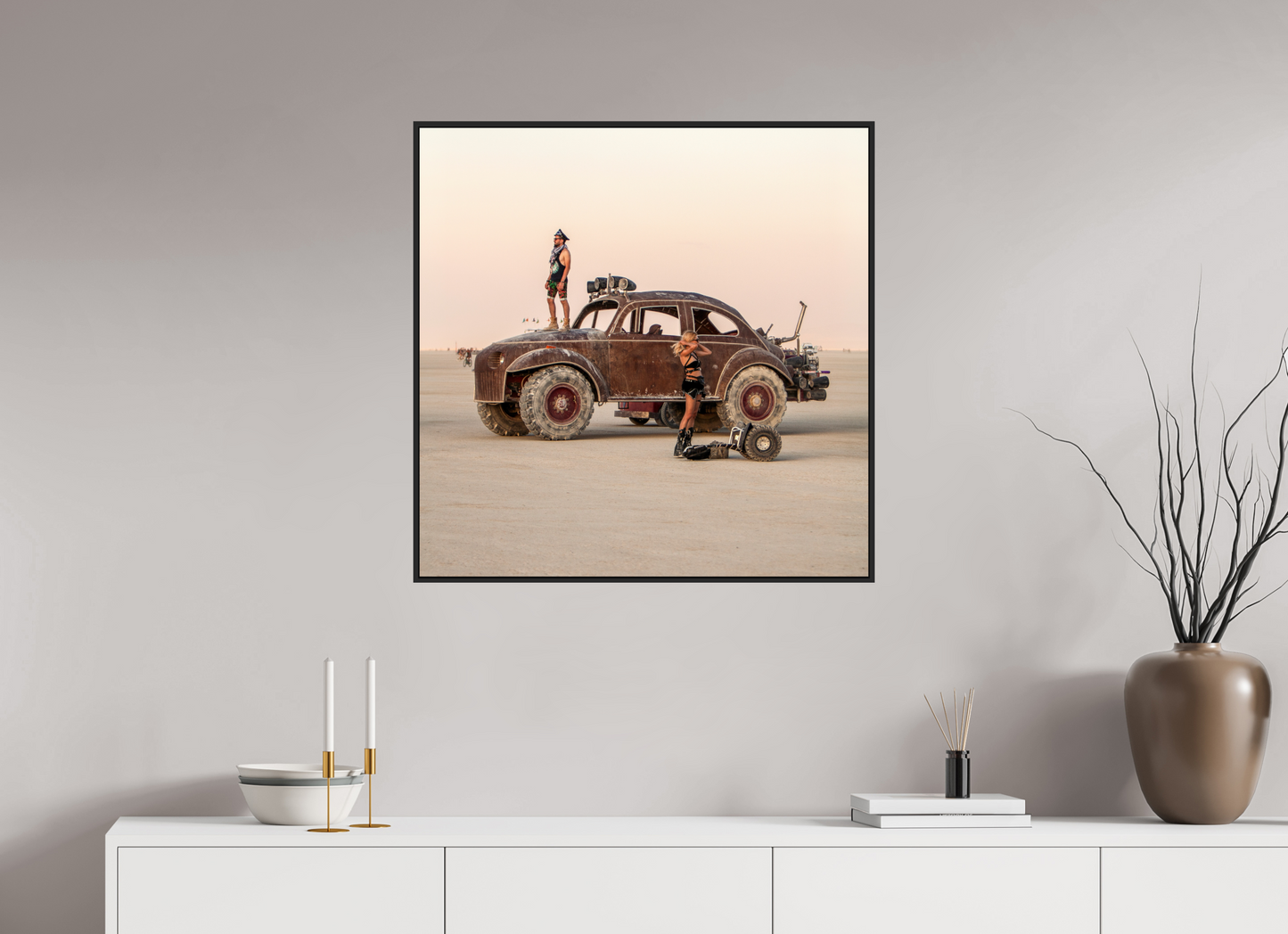 30 x 30″, Black Matte Frame, No Border Burning Man - Art Car Large VW