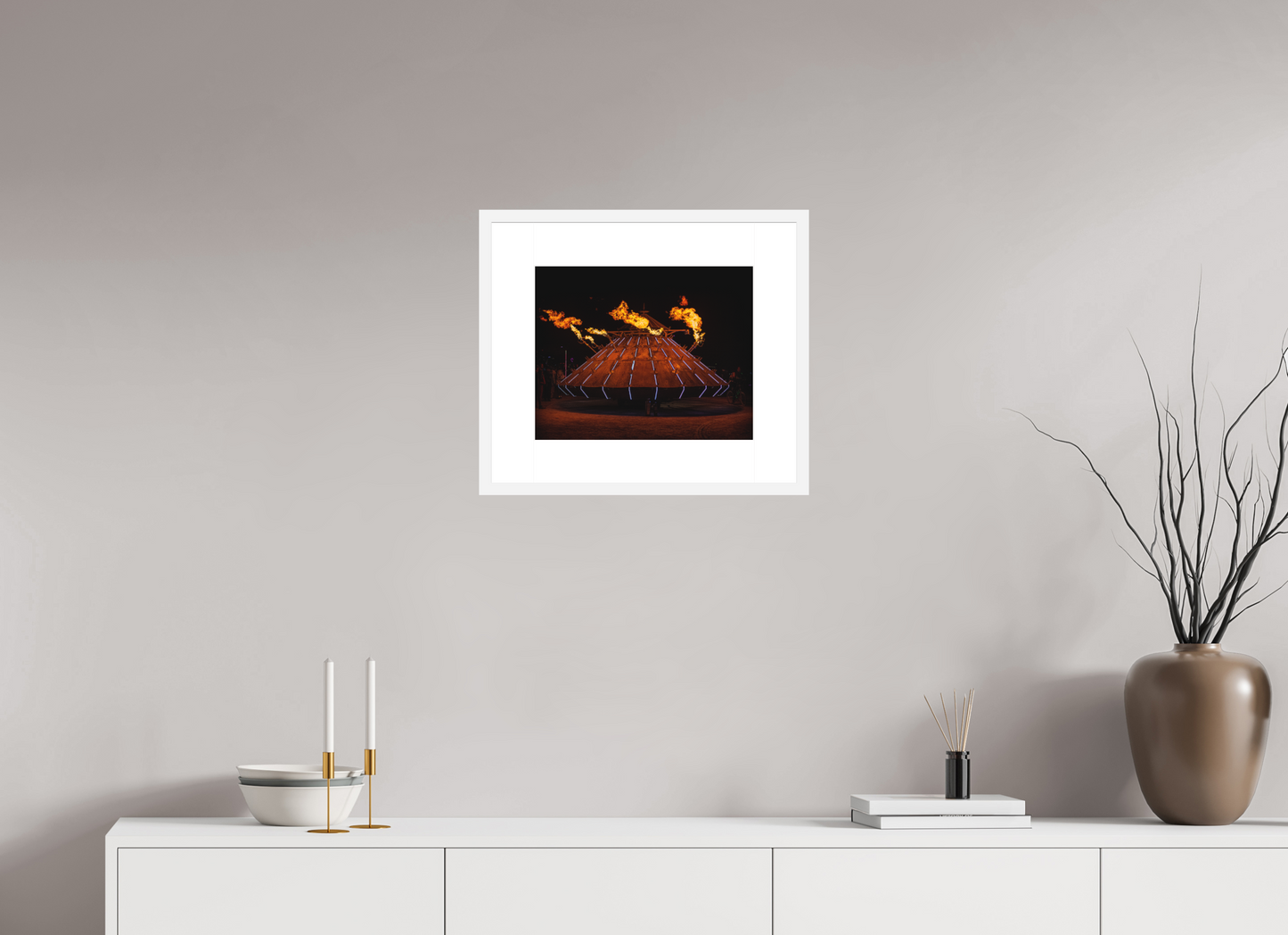 15 x 12″, Solid 0.8" White Wood Frame With 3" Natural White Passe-Partout with Museum Glass Burning Man - Da Vinci Tank with Flames