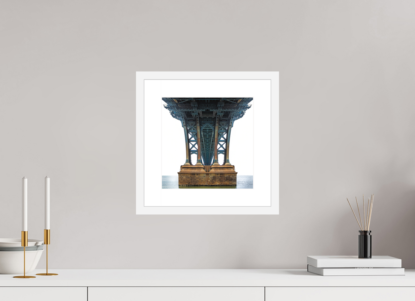 10 x 10″, Solid 0.8" White Wood Frame With 2" Natural White Passe-Partout with Museum Glass Manhattan Bridge