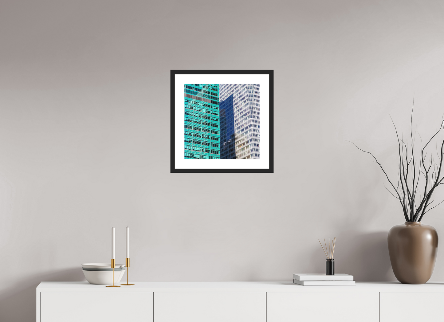 15 x 15″, Solid 0.8" Black Wood Frame With 2" Natural White Passe-Partout with Museum Glass Green and White Office Buildings