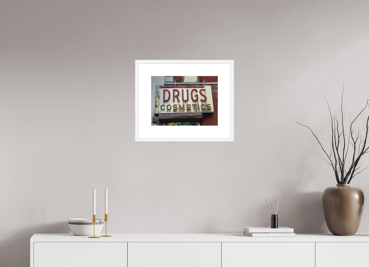 16 x 12″, Solid 0.8" White Wood Frame With 3" Natural White Passe-Partout with Museum Glass Drug Cosmetics Sign