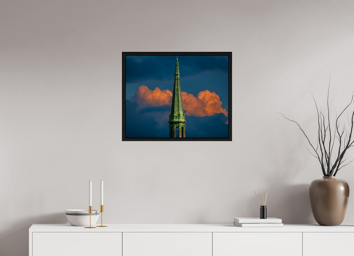 25 x 20″, Floater Frame Orange Clouds and Green Tower