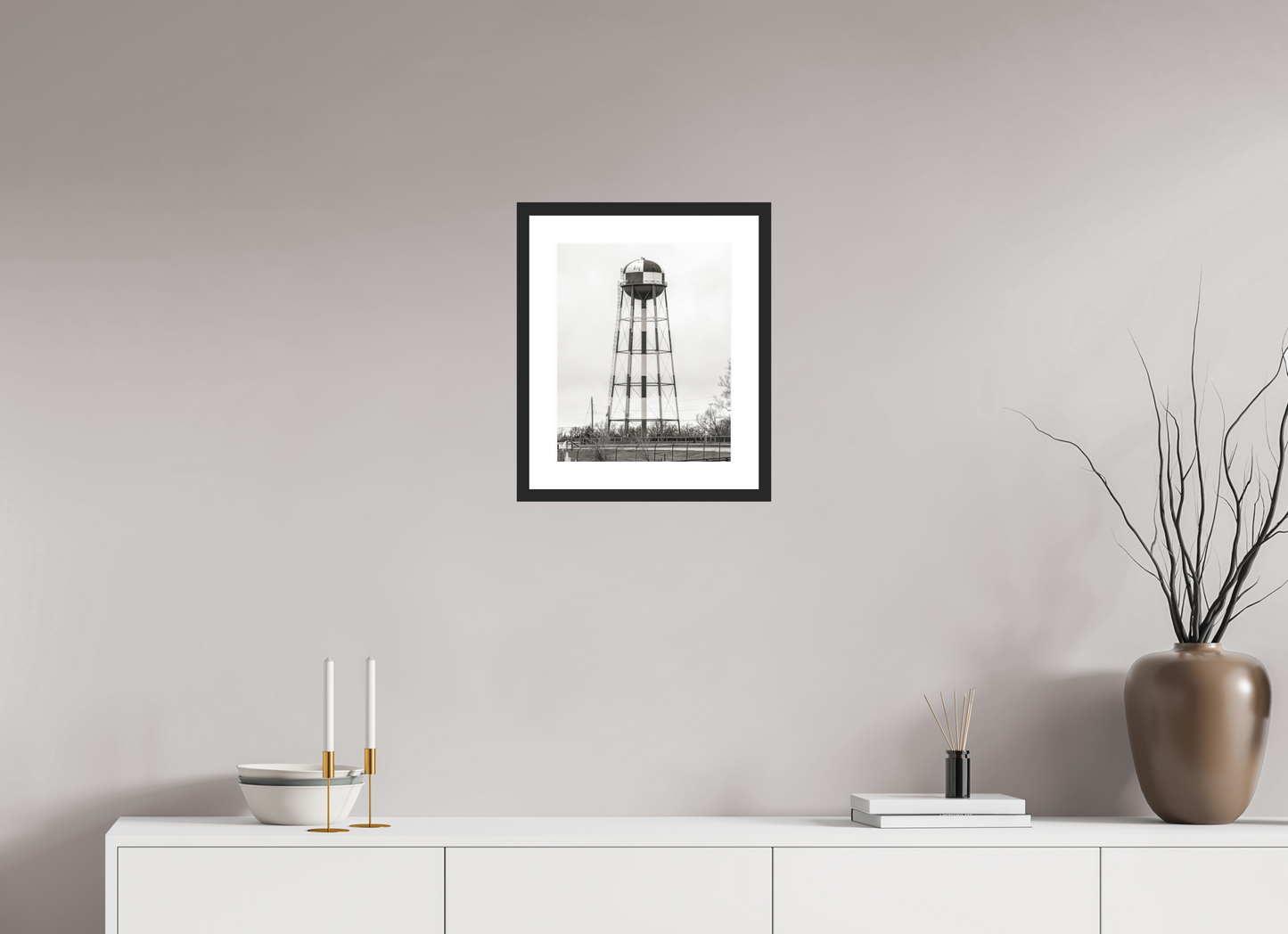 12 x 15″, Solid 0.8" Black Wood Frame With 2" Natural White Passe-Partout with Museum Glass Checkered Water Tower