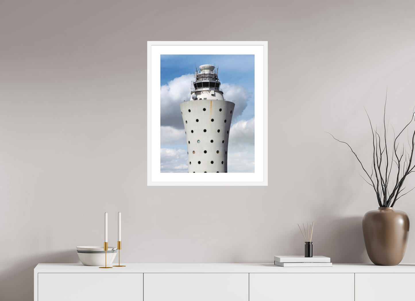 20 x 25″, Solid 0.8" White Wood Frame With 2" Natural White Passe-Partout with Museum Glass Air Traffic Tower