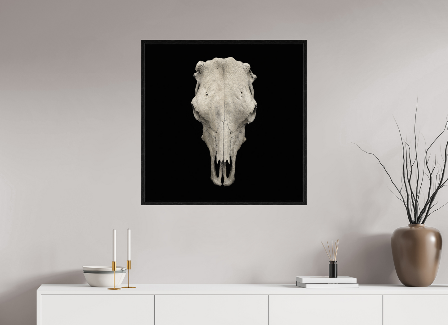 30 x 30″, Floater Frame Cow Skull