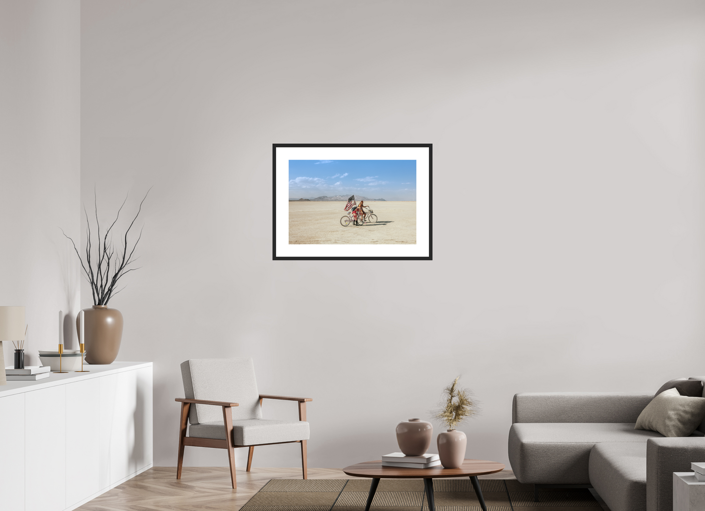 30 x 20″, Solid 0.8" Black Wood Frame With 3" Natural White Passe-Partout with Museum Glass Burning Man - Two with Bikes and USA Flag