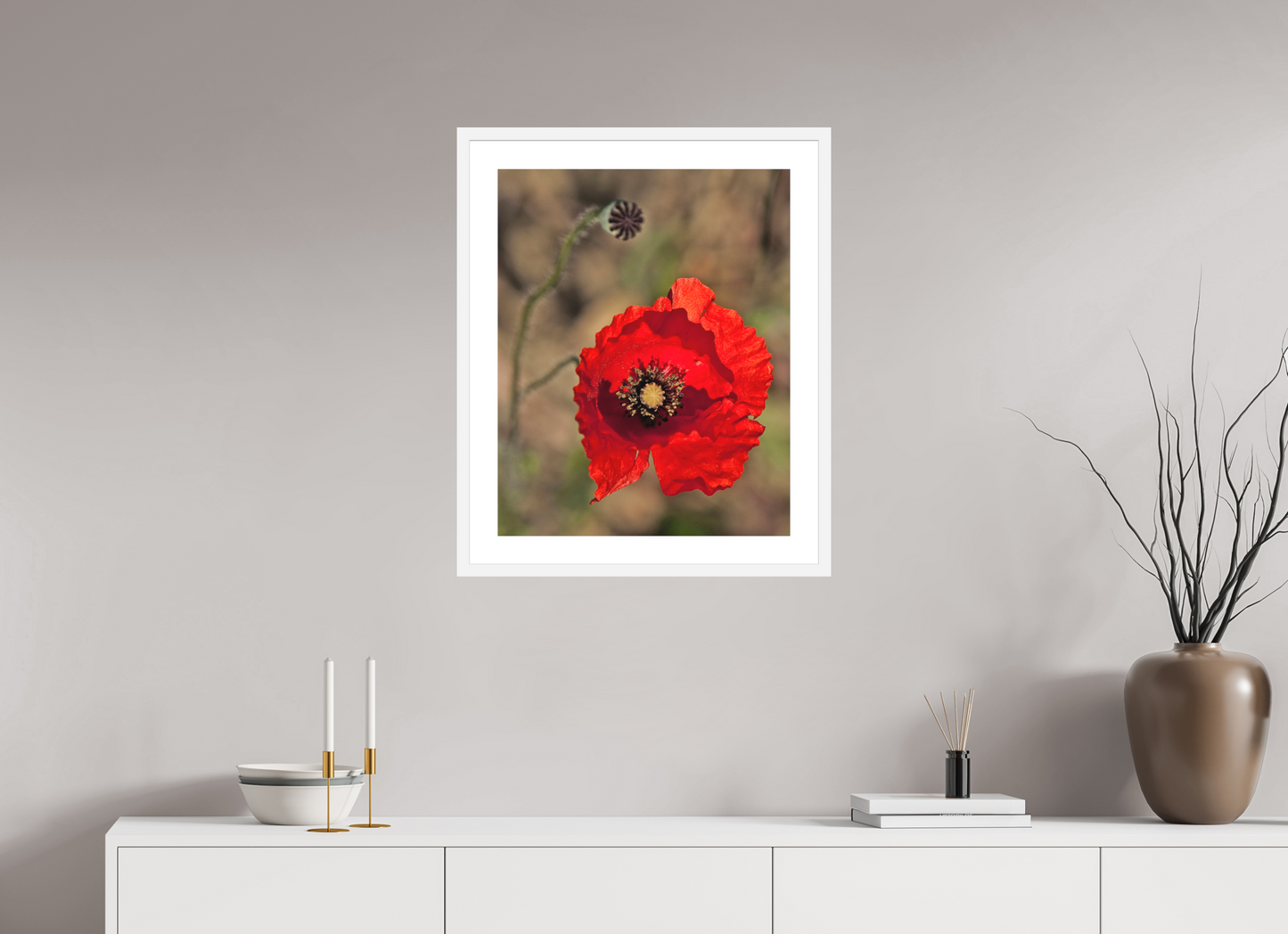 20 x 25″, Solid 0.8" White Wood Frame With 2" Natural White Passe-Partout with Museum Glass Poppy