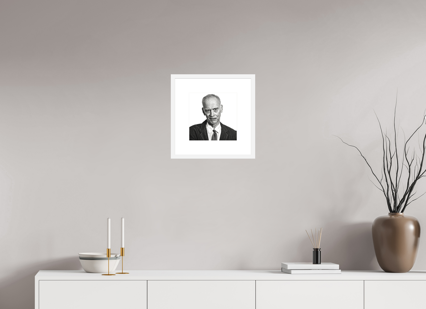 10 x 10″, Solid 0.8" White Wood Frame With 3" Natural White Passe-Partout with Museum Glass Director John Waters Grimacing (square format)