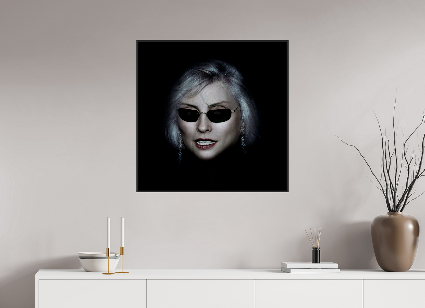 30 x 30″, Black Matte Frame, No Border Debbie Harry Wearing Glasses