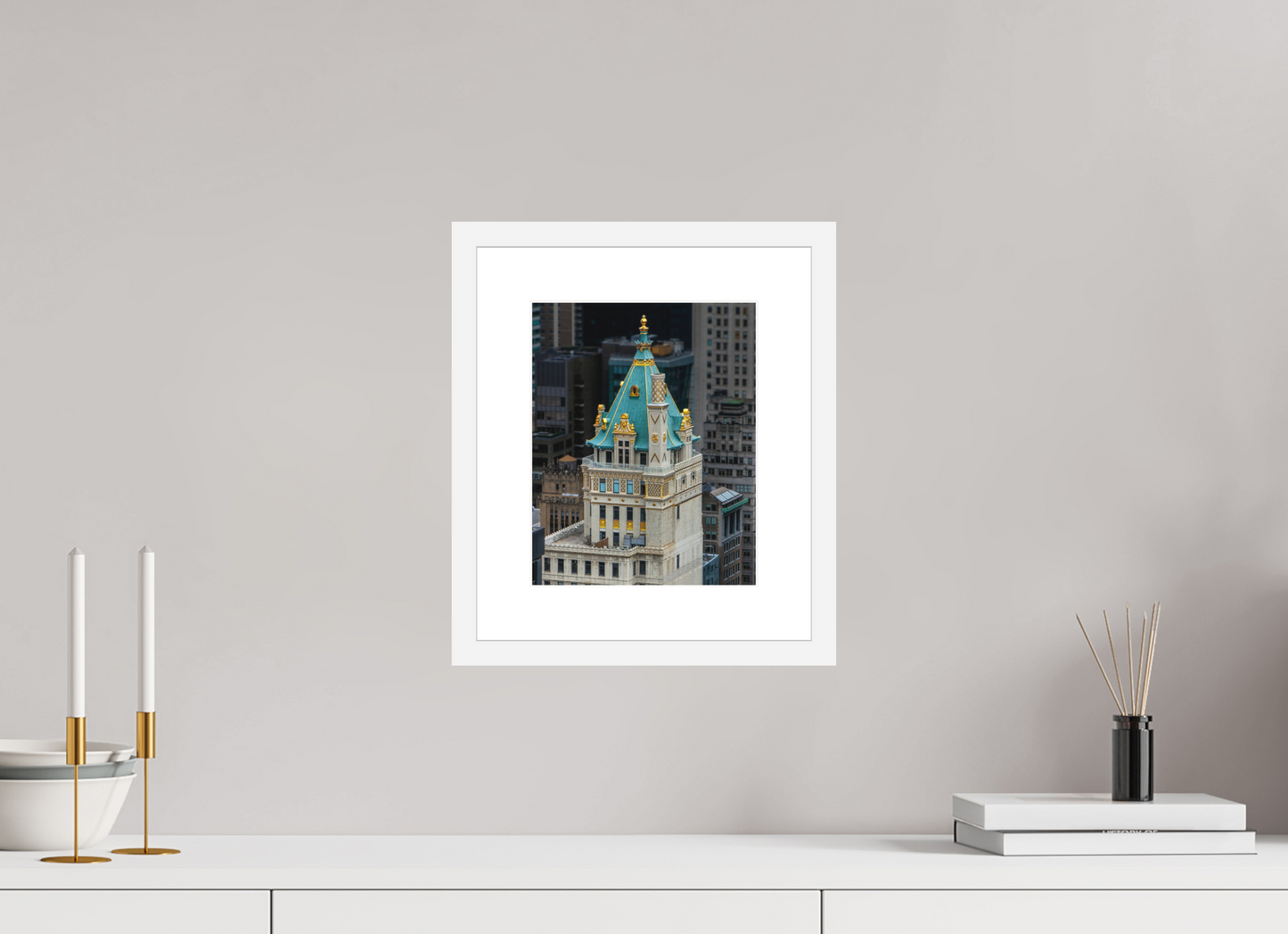 8 x 10″, Solid 0.8" White Wood Frame With 2" Natural White Passe-Partout with Museum Glass The Heckscher Building