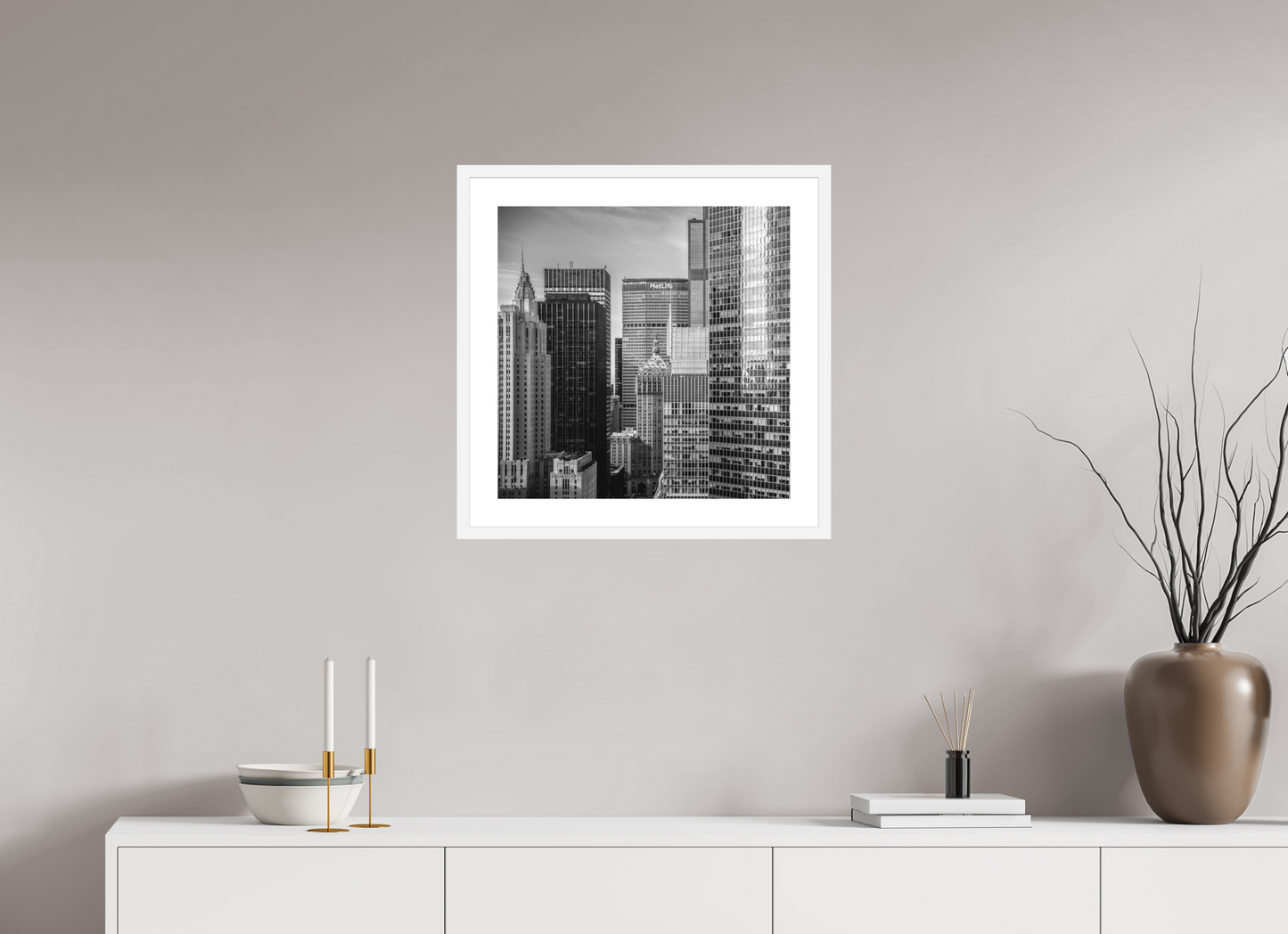 20 x 20″, Solid 0.8" White Wood Frame With 2" Natural White Passe-Partout with Museum Glass Midtown New York City