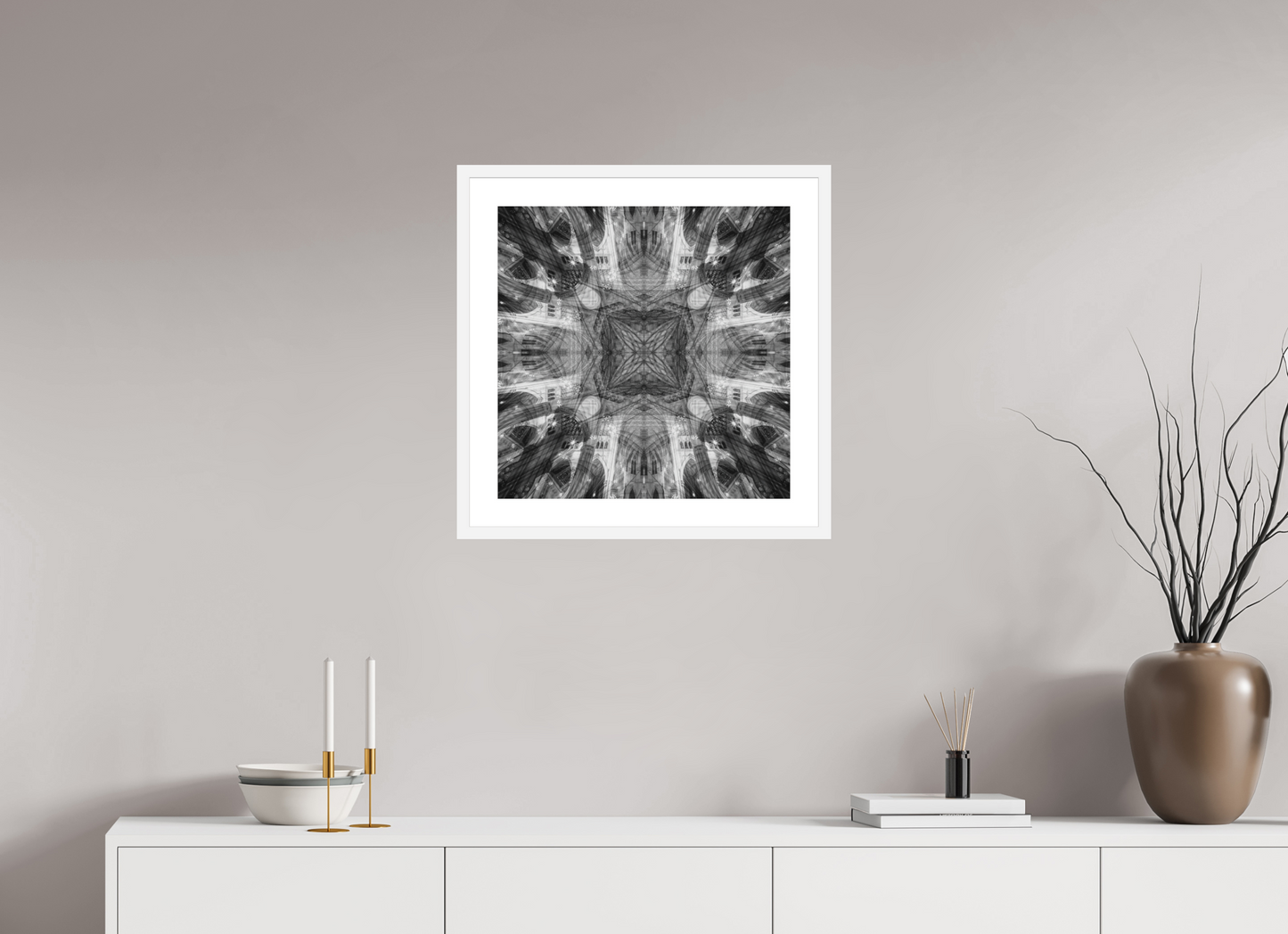 20 x 20″, Solid 0.8" White Wood Frame With 2" Natural White Passe-Partout with Museum Glass Architectual Abstraction